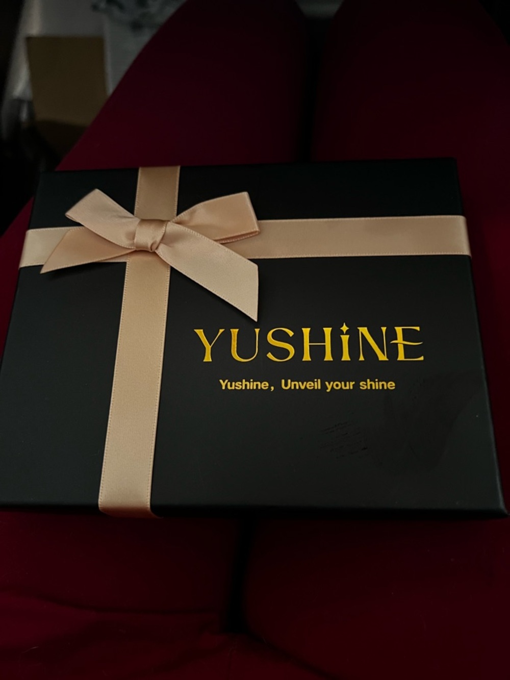 Yushine Black Gift Box with Gold Logo and Champagne Ribbon-self-adhesive